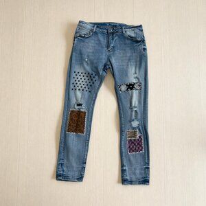 Crysp Denim Jeans Embroidered Patched Distressed 36 x 32